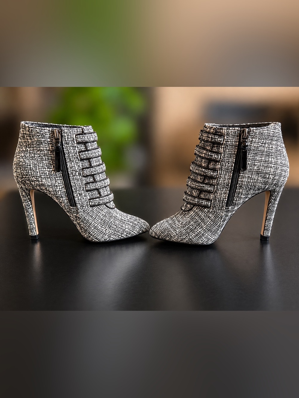 Neiman Marcus Black & White Tweed Ankle Booties Size 6.5 High Heel